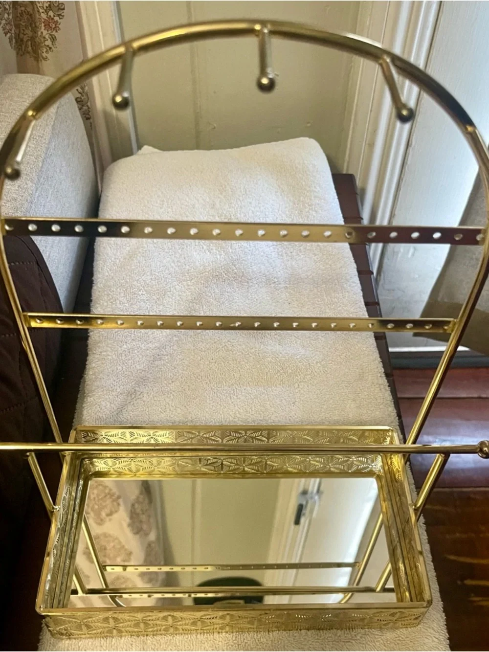 Gold Jewelry Organizer Vanity Stand with Mirrored Tray
